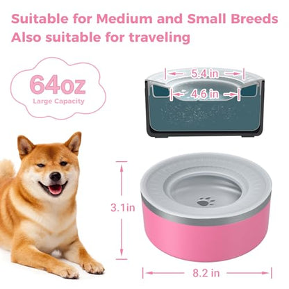 WENBOKMIN Stainless Steel Dog Water Bowl, Slow Dog Bowls with Non Slip Bottom, No Spill Detachable and Easy to Clean, Keep Xerosis Pilorum, 64oz, Pink - color: Pink