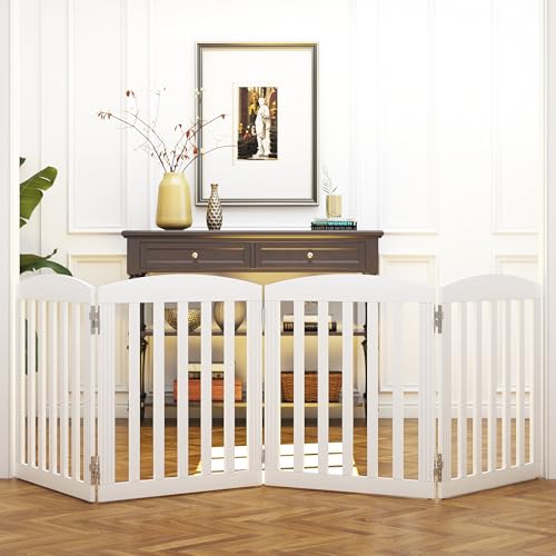 SPIRICH 96" Extra Wide 28" Tall Wooden Freestanding Foldable Dog Gate, Pet Gate Indoor, 4 Panels, White - color: Antique White, size: [4 Panels]96"W x 28"H