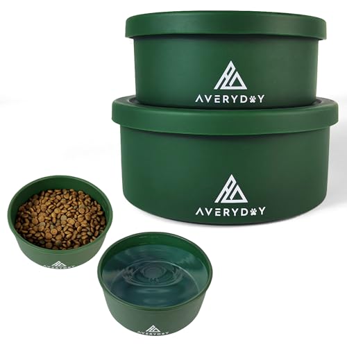 AVERYDAY 30 Oz Travel Dog Bowls with Lids, 2-in-1 Portable Pet Bowls for Food and Water, Leakproof Travel Dog Food & Water Bowl for Outdoor, Camping, Travel Dog Feeding Bowl, Daycare Pet Bowls - color: Green, size: 10oz & 20oz