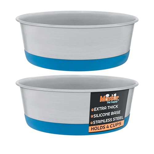 Master Pet Supply Stainless Steel Dog Bowls Set of 2 with Extra Thick Silicone Base - 4 Cup (32 oz) True Blue, Non-Slip, Dishwasher Safe Metal Bowls, Pet Dog Food Bowl for Dogs, Cats, Anti Rust - color: True Blue, size: 4 Cups (32 oz) 2 Pack