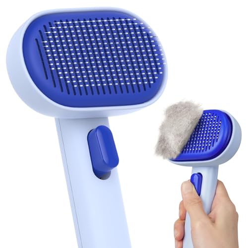 aumuca Skin Friendly Self-Cleaning Slicker Brush for Dogs & Cats, Gentle Pet Grooming Tool for Shedding & Deshedding, Efficient Hair Remover for Long & Short Haired Pets - color: Blue