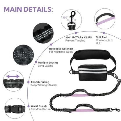 Hands Free Dog Leash, Shcok Abosoring Bungee with Double Padded Handles, Waist Leash for Dog Walking, with Bungee for Medium & Large Dog, Black Purple - color: Black/Purple