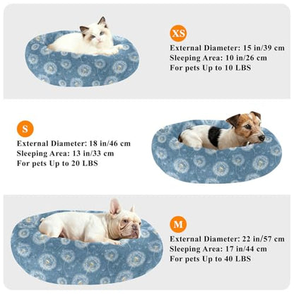 Pet Bed Blue Dandelions Seed Cat Snuggler Soft Winter Cushion, Cozy Round Bolster Nest for Indoor Kittens & Small Pets 15" - size: X-Small