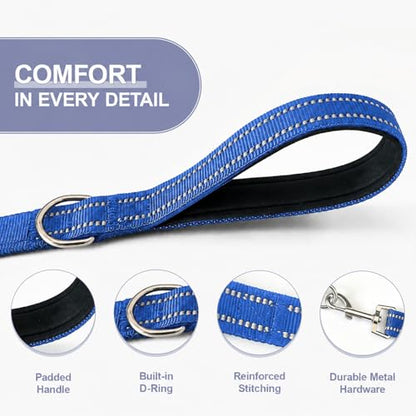 Double Dog Leash for Two Dogs, Complete Set with 31.5" Main Leash + Adjustable Splitter, Padded Handle, D-Ring, 360° Swivel, Shock-Absorbing Bungee, Reflective for Small Medium Large Dogs (Blue) - color: Blue