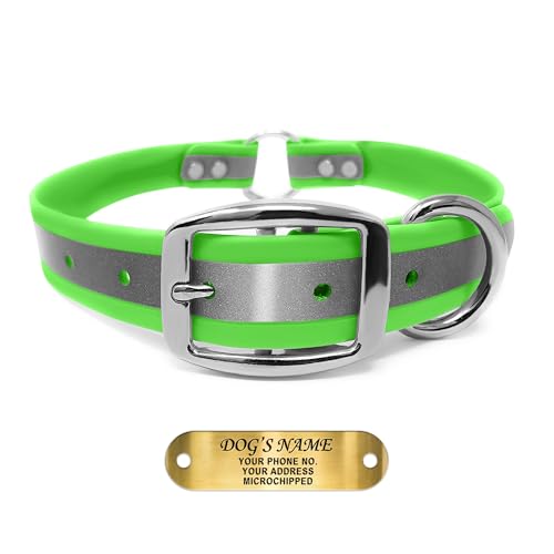 Regal Dog Products Small Green Reflective Dog Collar with Custom Engraved Name Plate and Heavy Duty Center Ring | Waterproof Biothane Personalized Dog Collars - Other Sizes for Medium & Large Dogs - color: Green, size: Small