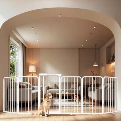 WAOWAO Heavy-duty Freetanding Dog Gate with Door, 106"Extra Wide 30"Tall Metal Puppy Pet Gate for Indoor, Foldable Gate for Doorways, Stairs, Hallways, House, Free Standing /Wall Mounted Gate 6 Panels - size: 6 Panel - 106”Wide