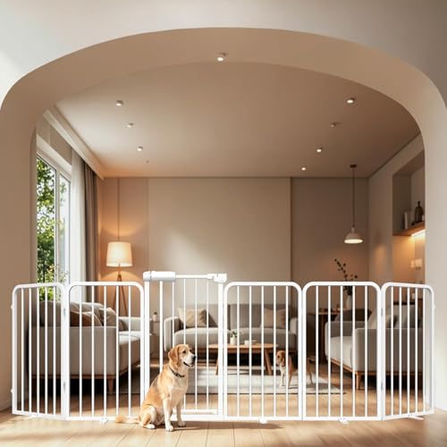 WAOWAO Heavy-duty Freetanding Dog Gate with Door, 106"Extra Wide 30"Tall Metal Puppy Pet Gate for Indoor, Foldable Gate for Doorways, Stairs, Hallways, House, Free Standing /Wall Mounted Gate 6 Panels - size: 6 Panel - 106”Wide