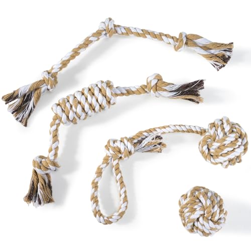 wodoca [4 Pack] Dog Rope Toys, Puppy Teething Duty Cotton Knot Chew Rope for Small Medium Dogs, Interactive Tug of War Dog Toys for Boredom, Teeth Cleaning - color: Natural White