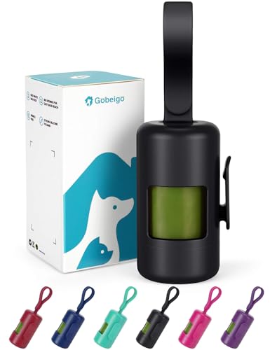 Gobeigo Dog Poop Bag Holder【Convenient Hook for Used Bags】【Silicone Strap Fits Any Leash】【Large Opening for Easy Dispensing】with 1 Roll Waste Bags (Black) - color: Black