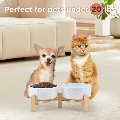 SPUNKYJUNKY Elevated Dog Bowls Ceramic, 5.1'' Dogs and Cat Food Water Bowls Raised with Non-Slip Bamboo Stand for Puppy Small Sized Breed Microwave Dishwasher Safe - 13.5 OZ,Skull White - color: White - Skull, size: 5.1 in - 1.7 cups