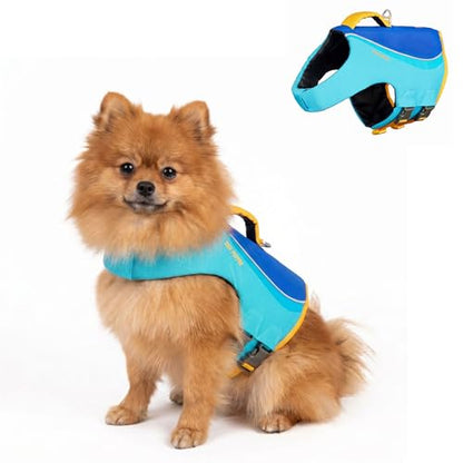 Tuff Pupper Dog Life Jacket | High Buoyancy Dog Swim Vest with Rescue Handle | Adjustable Secure Fit | Reflective Safety Trim | Pet Flotation Jacket for Swimming Boating Kayaking (Blue/Yellow, XXS) - size: XX-Small