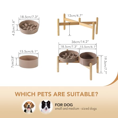 Havniva 7.3” Raised Slow Feeder Dog Bowls Set, 1.2 Cups Ceramic Slow Feeder Dog Bowl and 6.1” Dog Water Bowl with Elevated Wooden Stand Puzzle Dog Food Bowl for Small Dogs Anti-Gulping & Anti-Choking - color: 2 x Brown Coffee+Stand-C, size: 7.3inch