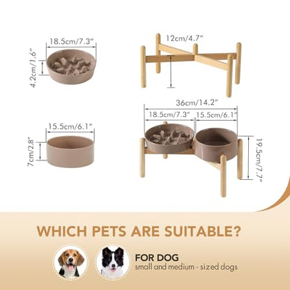 Havniva 7.3” Raised Slow Feeder Dog Bowls Set, 1.2 Cups Ceramic Slow Feeder Dog Bowl and 6.1” Dog Water Bowl with Elevated Wooden Stand Puzzle Dog Food Bowl for Small Dogs Anti-Gulping & Anti-Choking - color: 2 x Brown Coffee+Stand-C, size: 7.3inch