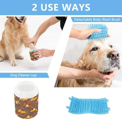 Truck Brown Pattern Dog Paw Cleaner Cup with Soft Silicone Brush, Lightweight Portable Small Muddy Paw Washer for Dogs, Easy to Use Pet Foot Cleaner