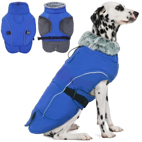 DENTRUN Warm Dog Winter Coat, Easy On Reflective Turtleneck Fleece Jacket | Adjustable buckle, easy on off, windproof & water-repellent, thick fleece snowsuit, outfit fits small to large breeds - color: Blue, size: Large