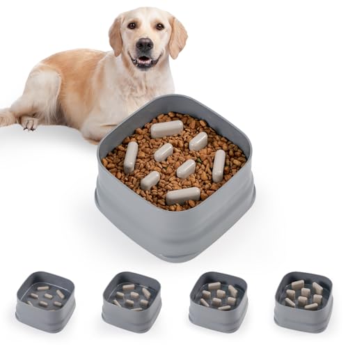 Sunhoo Slow Feeder Dog Bowls Large Breed Puppy Puzzle Feeding Dish Maze Feed Bowl Small Medium Dogs Plate Adjustable Ridges to Slower Down Eating Anti-slip Easy to Clean Indoor Use 7.5*7.5*4 in(Grey)