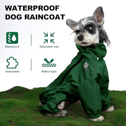 PINA Lightweight Dog Jacket with Hood and Leash Hole, Waterproof Dog Raincoat, Full Wrap Design with Reflective Strap and Pocket for Wet Weather Protection - color: Green, size: XXL(chest:23.6in)