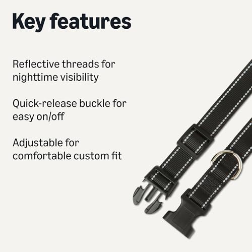 Amazon Basics Reflective Polyester Dog Collar, Adjustable Length 21"-37", 1.4" W, Quick-Release Buckle for Easy On/Off, Extra Large, Black - size: xl