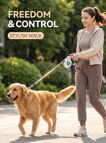 3 Meter Retractable Dog Leash Leaf Print, 10ft Nylon Tape with One-Handed Brake for Pet Walking and Training - color: Grey