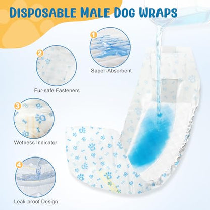 Dog Diapers Male 80 Count Belly Bands for Male Dogs M, Male Dog Diapers Disposable with Wetness Indicator Adjustable Male Dog Wraps Super Absorbent Leak-Proof for Incontinence Marking - Blue - size: M