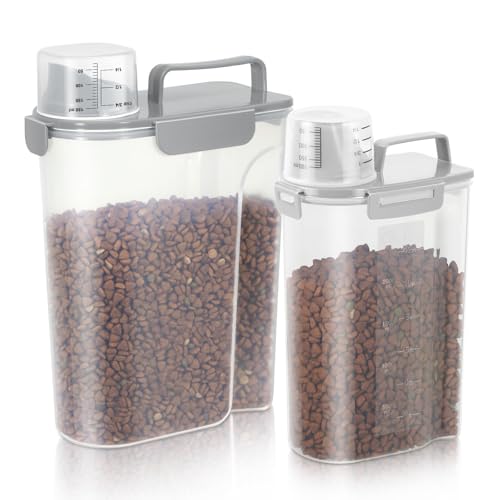 Dog Food Storage Container, Upgraded Large Nozzle BPA-free, 8-12 LBS Plastic Pet Food Storage Containers, With 4 Sealed Clasps, 1 Measuring Cup and Handle, Easy to Clean and Carry -2 Packs - color: Light gray, size: (3L+5L)-2pack