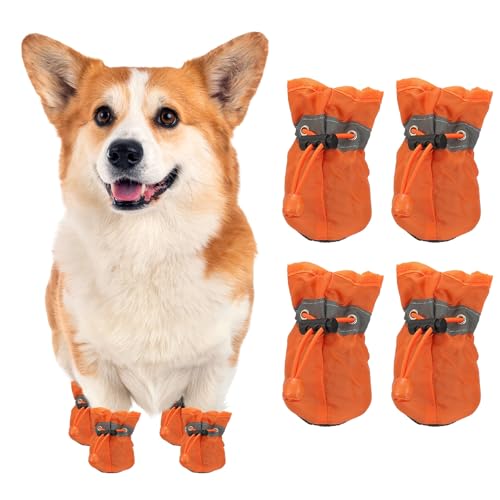 Dog Shoes Dog Boots, Paw Protector Anti-Slip Sole Winter with Reflective Strap Waterproof Soft, (4Pcs, Oxford, 1.7x1.3, Orange), for Small Medium Puppies/Walking/Outdoor/Hardfloor - color: Orange, size: 1.7 x 1.3 inch