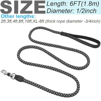 Reflective Dog Leash 2/3/4/6/10ft Braided 1/2" Strong Nylon Rope | 6ft Black Dog Leash for Large Medium Small Dogs Walking Training Leads - color: Black, size: 6ft * 1/2"