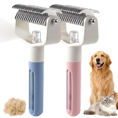 Dual-Sided Pet Grooming Comb,Double Sided Dematting Comb for Dogs & Cats, 2‑in‑1 Professional Pet Grooming Brush Deshedding Dog Brush with Spray Design (1PCS, Blue) - color: Blue