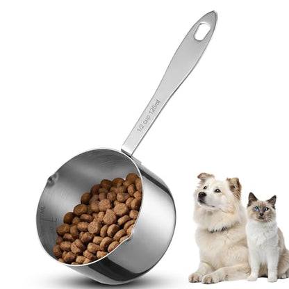 Dog Food Scoop 1/2 Cup Stainless Steel Measuring Cups Metal Pet Scooper with Inner Precision Scale Measurement for Wet Dry Dog Food (1/2 CUP) - size: 1/2 CUP