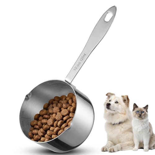 Dog Food Scoop 1/2 Cup Stainless Steel Measuring Cups Metal Pet Scooper with Inner Precision Scale Measurement for Wet Dry Dog Food (1/2 CUP) - size: 1/2 CUP
