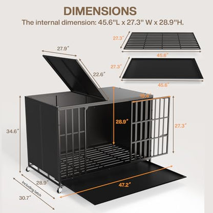 LEMBERI 48/42 inch Heavy Duty Indestructible Dog Crate, High Anxiety Extra Large Dog Cage for Large Dogs, XL Steel Escape Proof Dog Kennel with Wheels and Removable Tray (Black, 47.2*30.7*34.6 inch) - color: Black, size: 47.2"L x 30.7"W x 34.6"H