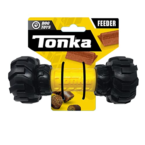 Tonka Axle Tread Dog Toy with Interactive Feeder, Lightweight, Durable and Water Resistant, 7 Inches, for Medium/Large Breeds, Single Unit, Yellow/Black - size: 7 inch Axle Tread