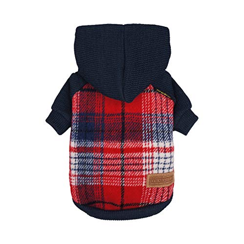 Fitwarm Tartan Plaid Dog Hoodie, Knitted Dog Clothes for Small Dogs Boy, Pet Sweater with Hood, Cat Fleece Lined Winter Outfit, Red, Navy Blue, Small - color: Red, size: Small