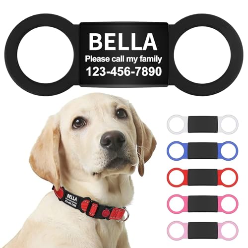 LaReine Silent Slide On Pet ID Tags, Personalized Laser Engraved on Collar, Colored Elastic Silicone Band and S/M/L/XL Black Stainless Steel Cat Dog Name Plate (Black, Large) - color: Black, size: Large
