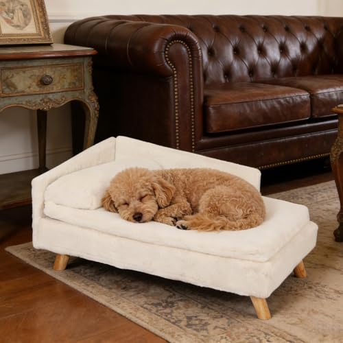 Elevated Cat Couch Sofa: Wooden Cat Bed Dog Chair with Bolster Cushion for Small Dogs Cute Pet Chaise Soft Cushion Fluffy Washable for Puppy - size: 27.8"x14.9"x9.3"