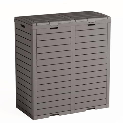 62 Gallon Outdoor Double Trash Can, Waterproof Trash Can Cabinet for Outside, Resin Garbage Bin with Lid and Drip Tray for Easy Cleaning for Patios, Kitchens, and Outdoor Entertaining（Light Gray） - color: Light Gray, size: 62 Gallon