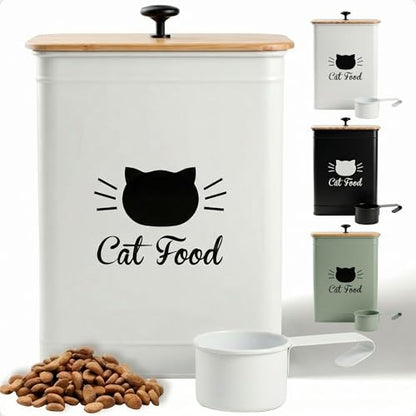Cat Food Storage Container with Scoop - 5-7 lb (25 Cup) Capacity Metal Cat Food Container with Airtight Bamboo Lid and Metal Scoop - Airtight Pet Food Storage Containers 5 lb - 7 lb Kibble Container - color: White