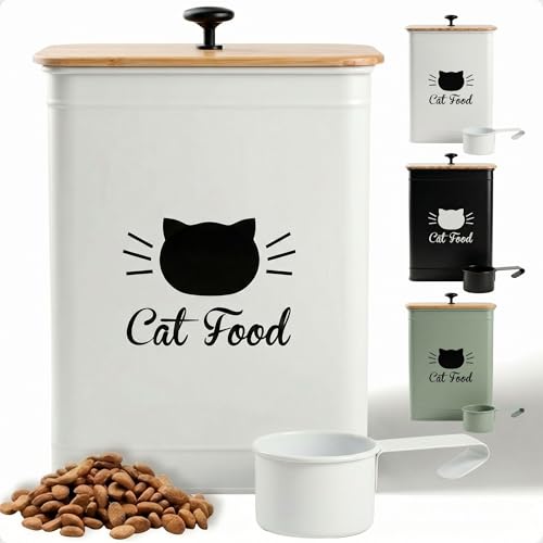 Cat Food Storage Container with Scoop - 5-7 lb (25 Cup) Capacity Metal Cat Food Container with Airtight Bamboo Lid and Metal Scoop - Airtight Pet Food Storage Containers 5 lb - 7 lb Kibble Container - color: White