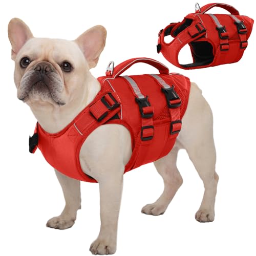 Kuoser Dog Life Jacket, High Flotation Dog Life Vest for Swimming Boating, Adjustable Ripstop Pet Lifesaver for Small Medium and Large Dogs, Reflective Safety Puppy Swimming Vest with Rescue Handle - color: A-Red, size: S (Chest Girth:16.93-21.26'')