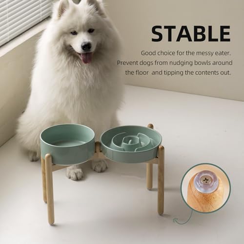 Havniva 9.5” Raised Slow Feeder Dog Bowls Set, 3.2 Cups Ceramic Slow Feeder Dog Bowl and 8.2” Dog Water Bowl with Elevated Wooden Stand Puzzle Dog Food Bowl for Large Dogs Anti-Gulping & Anti-Choking - color: 2 x Light Green+Stand-A, size: 9.5inch