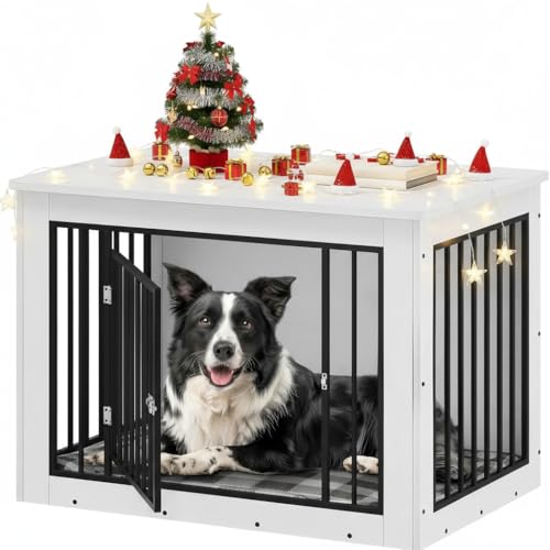 YITAHOME 38.2" L Dog Crate Furniture for Large Dogs, 2-in-1 Iron-Wood Fusion Dog cage Indoor up to 60 lb, Side End Table, Modern Dogs Kennel with Waterproof Top, Safety Corners,Steel Lock,White - color: White+1 Room