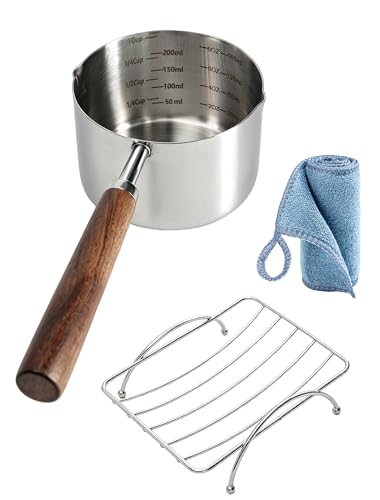 Dog Food Scoop 1 Cup with Cleaning Towel and Drying Rack, 304 Stainless Steel Dog Food Measuring Cup with Walnut Handle, Dishwasher Safe Pet Food Scoop for Dogs and Cats