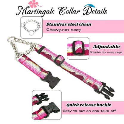 Martingale Dog Collars with Stainless Steel Chain, Reflective No Pull Walking Training Collar with Quick Release Buckle, Adjustable Slip Chain Nylon Dog Collars for Small Medium Large Dogs - color: Pink and white, size: Small