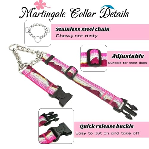 Martingale Dog Collars with Stainless Steel Chain, Reflective No Pull Walking Training Collar with Quick Release Buckle, Adjustable Slip Chain Nylon Dog Collars for Small Medium Large Dogs - color: Pink and white, size: Medium