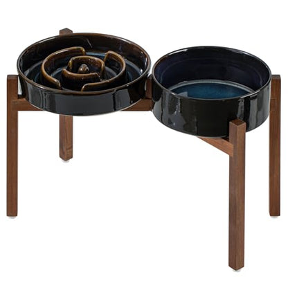 Havniva 3.2 Cup Elevated Slow Feeder Dog Bowls, 9.5” Dog Slow Feeding Bowls + 8.2” Ceramic Dog Water Bowls Set with Acacia Wood Stand, Dog Food Bowls Puzzle Feeder for Large Dogs Non-Slip Anti-choking - color: 2 x Starry Sky + Stand - A, size: XL- 9.5inch