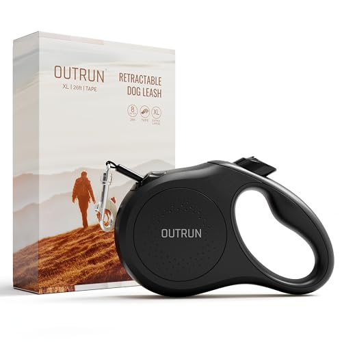 OUTRUN Retractable Dog Leash 26 FT Walking Leash up to 110 lb, Strong Nylon Tape No Tangle, Heavy Duty One-Handed Brake Lock, Black