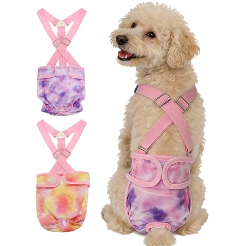 Washable Female Dog Diapers with Suspender, Reusable Dog Diapers Absorbent Leakproof(Tie-Dye Orange Yellow/Tie-Dye Purple L, 2Pcs), Intended for Female in Heat Cycle - color: Tie-Dye Orange Yellow/Tie-Dye Purple, size: L