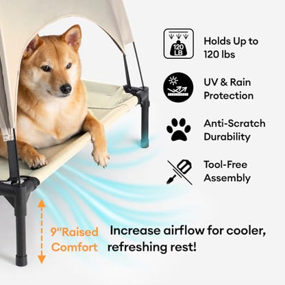 FUNNY FUZZY Elevated Dog Bed with Canopy, Small (24"x18"x7") – Outdoor Raised Dog Cot with Shade, Cooling Breathable Mesh Pet Bed, Portable Waterproof Dog Camping Bed for Large Medium Small Dogs,Khaki