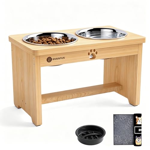 SHAINFUN Elevated Dog Bowls with Slow Feeder & Mat for Medium and Large Dogs, 10" Tall Wooden Raised Dog Bowl Stand, 2 Stainless Steel 58oz Bowls for Food & Water