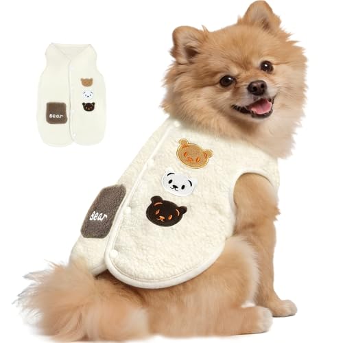 Dog Fleece Vest Sweater, Button-Up Warm Pullover Step-in Dog Jacket with Bear Print, Winter Cold Weather Coat Clothes Hoodie for Small Medium Dogs Puppy Boy Girl(White, L(12 to 15 lbs)) - color: White, size: L(12 to 15 lbs)